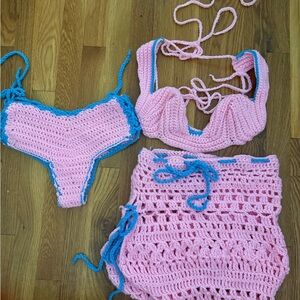 Handmade Pink and Blue Crochet Bikini Cover Up Skirt Set size small/medium